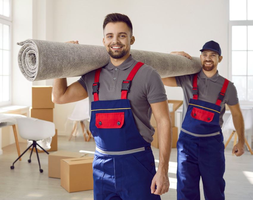 picture of office movers carrying carpet on shoulders
