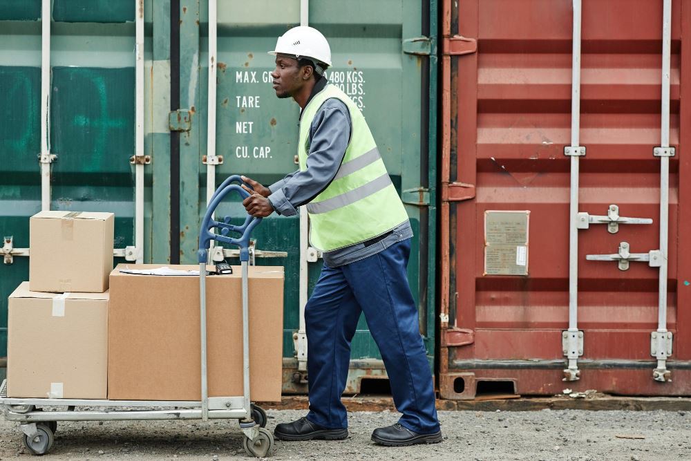 workers carrying boxes to container storage
